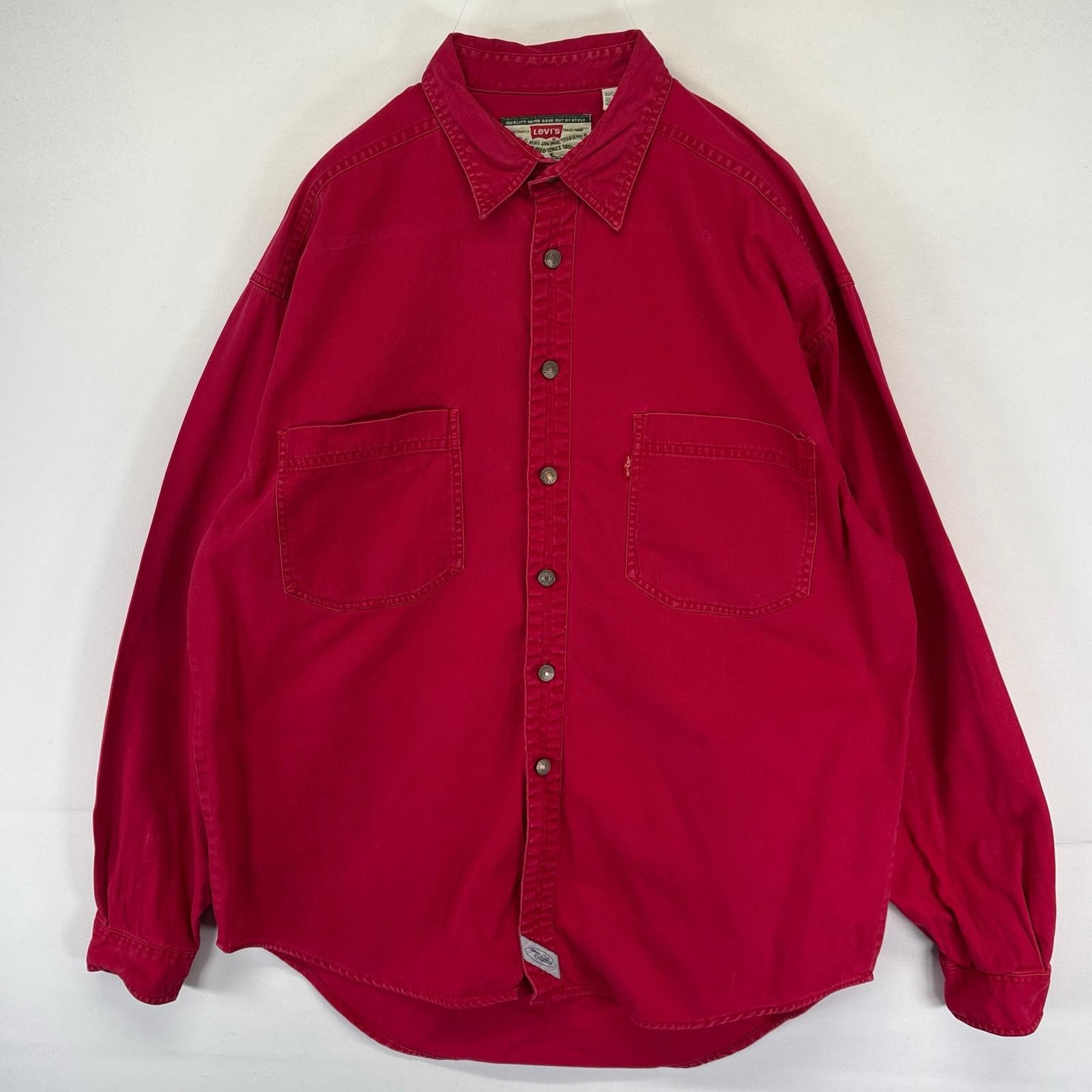 古着 リーバイス Levi's 長袖シャツ 胸ポケット L  レッド系 無地 メンズ