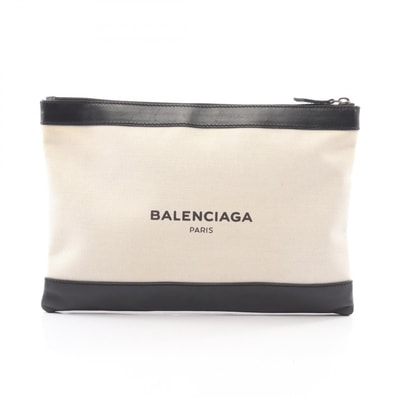 バレンシアガ BALENCIAGA ネイビークリップ M セカンドバッグ クラッチバッグ バッグ キャンバス レザー メンズ レディース アイボリー系 / ブラック系 373834 【中古】