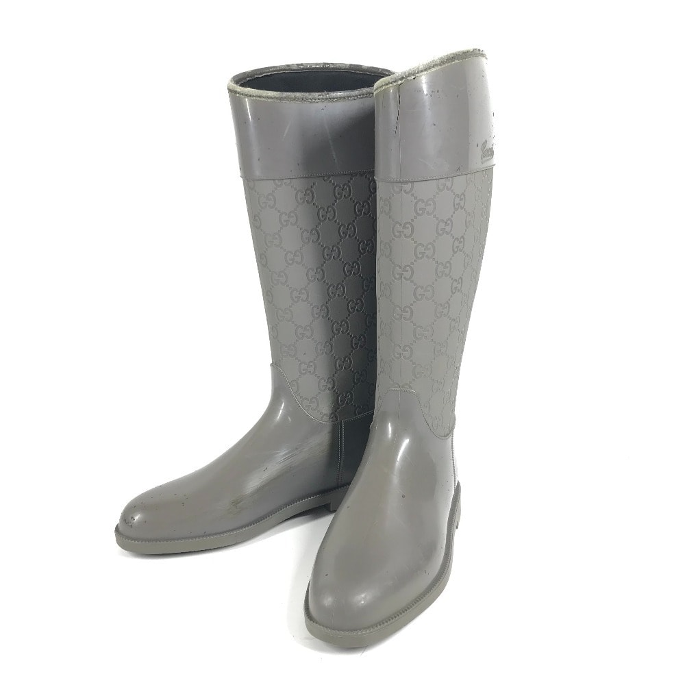 グッチ GUCCI GG ロングブーツ 靴 レインブーツ ロング 長靴 雨 レインシューズ ラバー グレー
