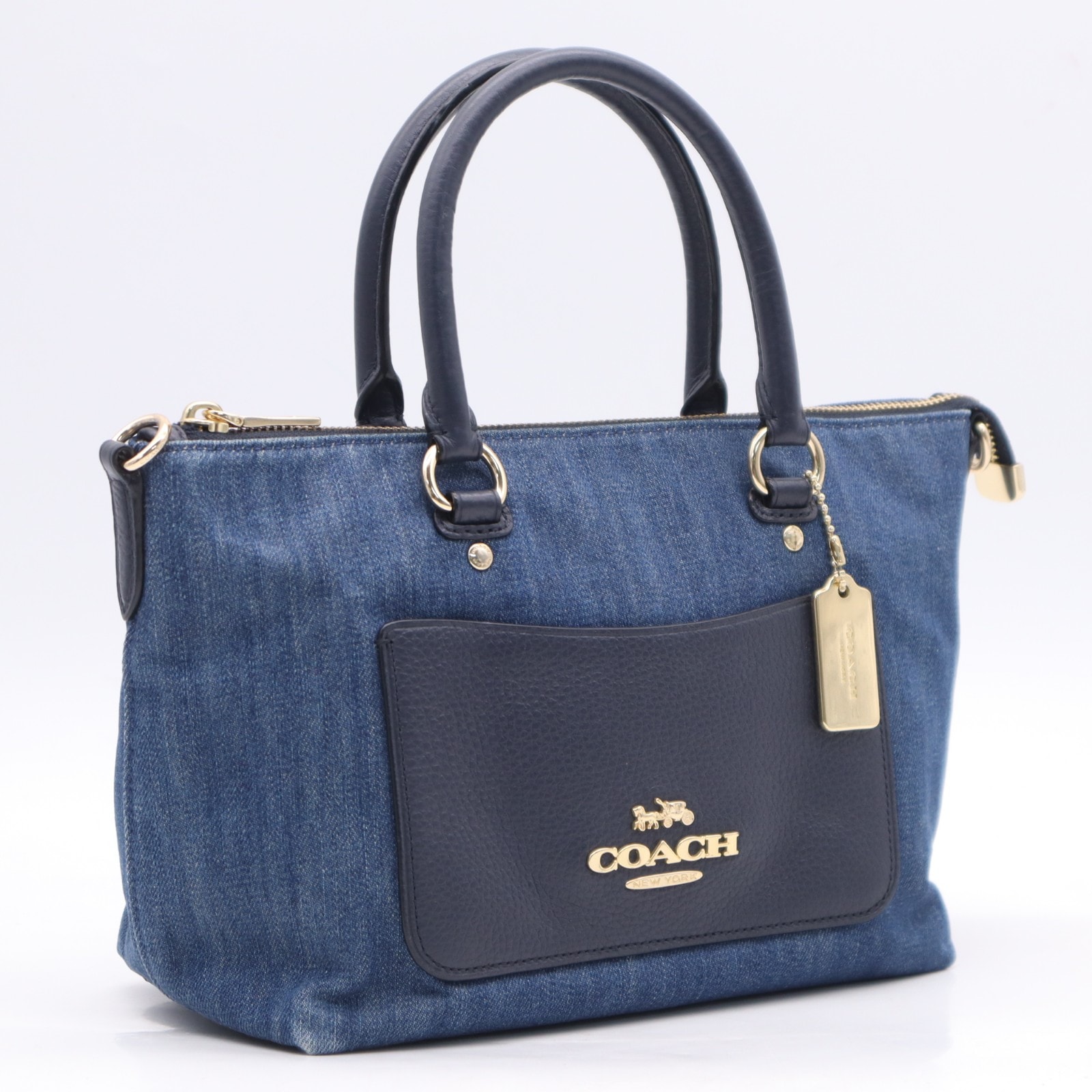 美品 COACH コーチ デニムキャンバス ペブルドレザー ミニ エマ サッチェル F44719 ハンドバッグ ブルー デニム ペブルドレザー レディース