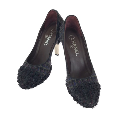 美品 CHANEL シャネル ココマーク チェック サイズ37 マルチカラー ツイード パンプス ハイヒール 靴 601753 【中古】