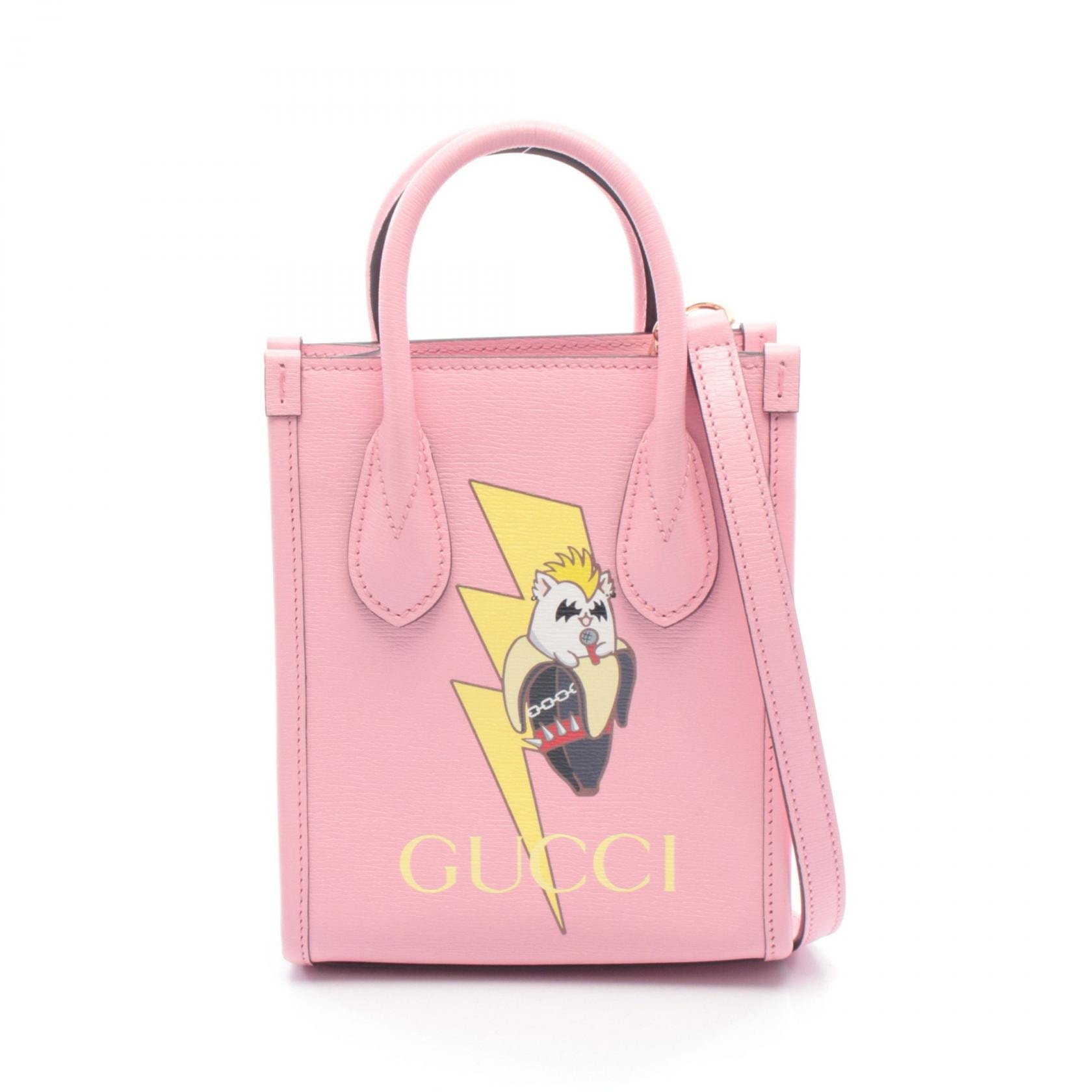 グッチ GUCCI GUCCI × ばなにゃ ミニトートバッグ ハンドバッグ バッグ レザー レディース ピンク系 / イエロー系 671623 【中古】