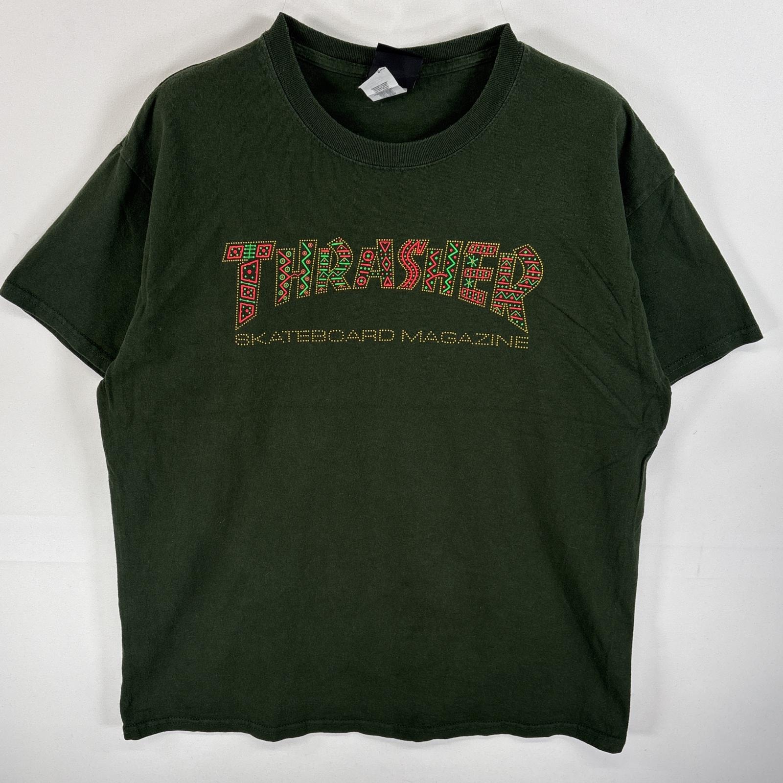 古着 スラッシャー THRASHER 半袖Tシャツ ネイティブ柄 ロゴラバープリント スケボー M  グリーン メンズ