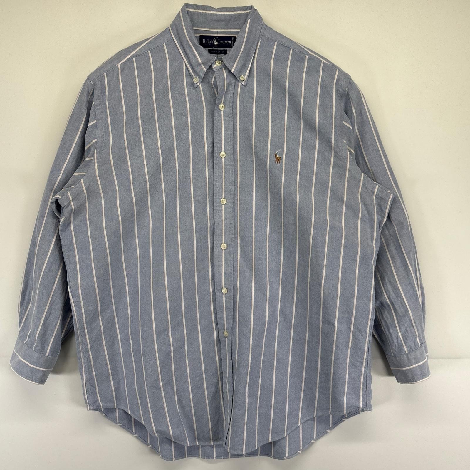 古着 90's/90年代 ラルフローレン RALPH LAUREN 長袖シャツ ストライプ柄 ワンポイントロゴ オックスフォード 16 ブルー系 メンズ