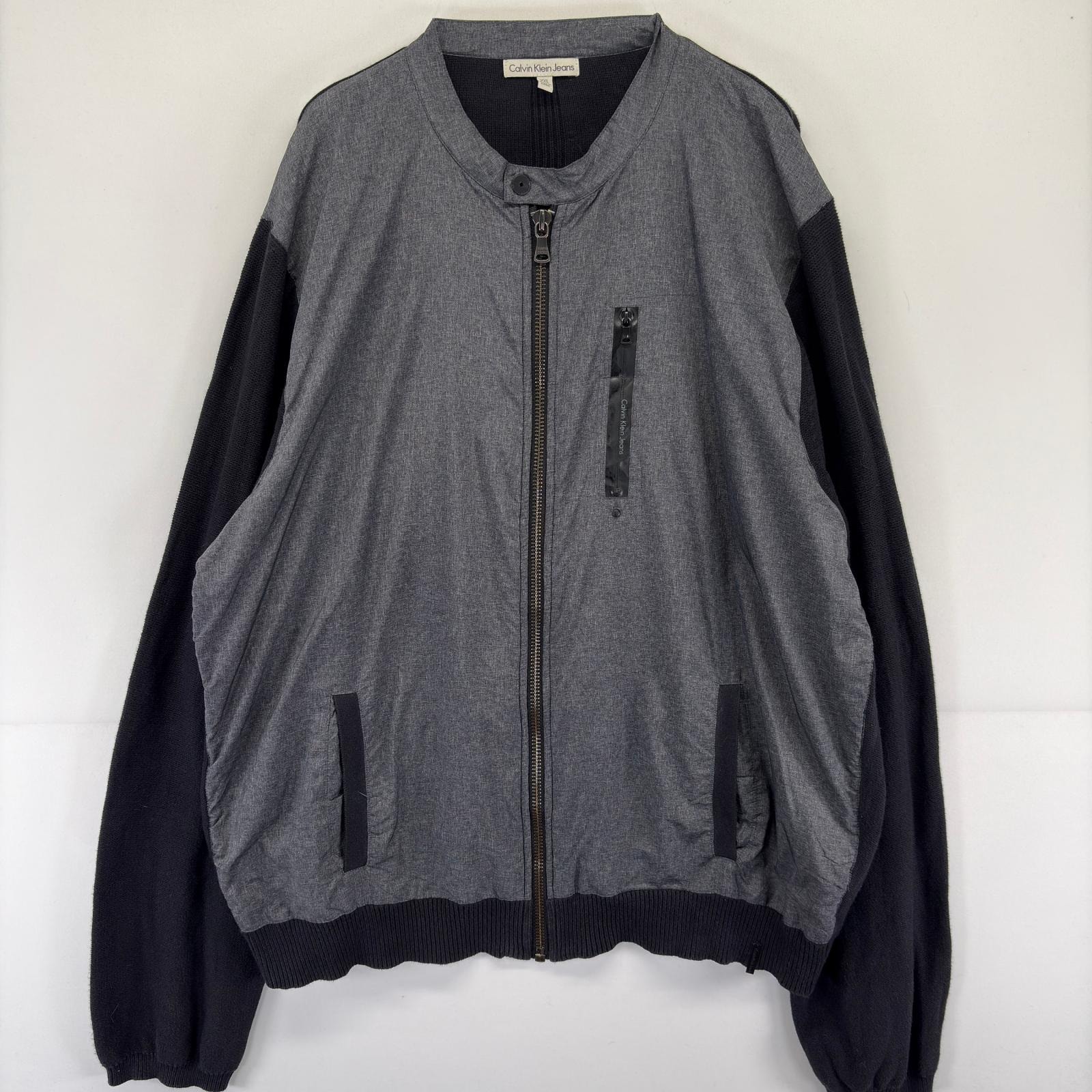 古着 カルバンクライン Calvin Klein ジャケット フルジップ ナイロン切替え ワンポイントロゴ 胸ポケット 2XL  ブラック系 メンズ