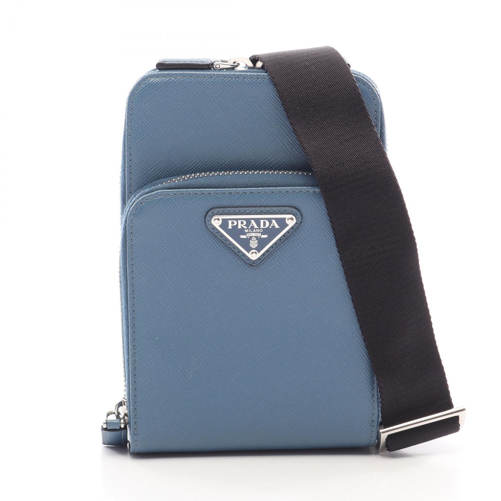 プラダ PRADA スマートフォンケース ショルダーバッグ バッグ サフィアーノレザー メンズ レディース ブルー系 2ZH126 【中古】