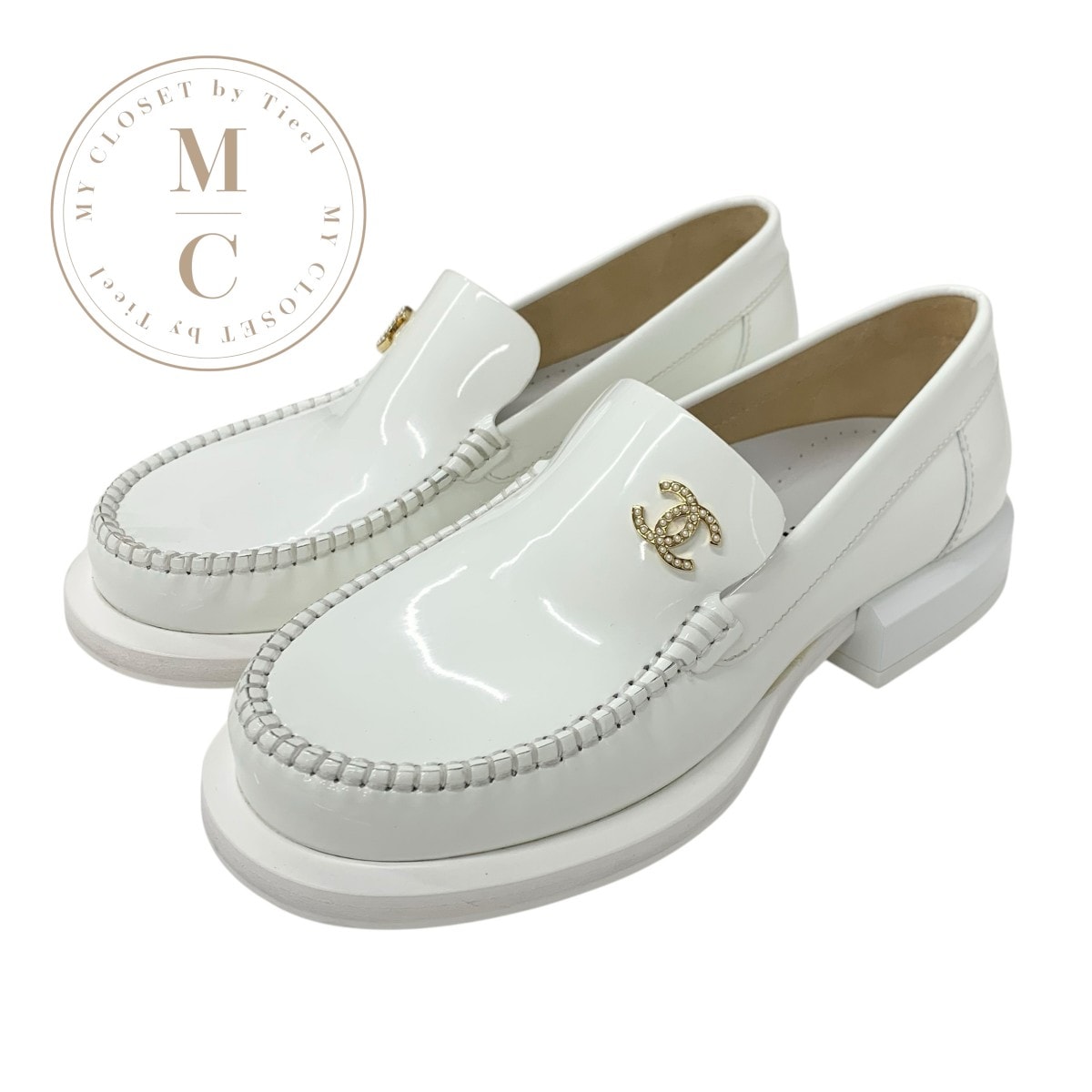 シャネル CHANEL ローファー 革靴 靴 シューズ パテント ホワイト 白 ゴールド ココマーク パール