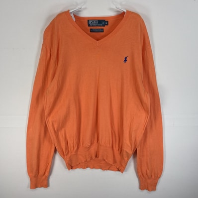 古着 90's/90年代 ポロバイラルフローレン Polo by Ralph Lauren 長袖 セーター ロゴ 刺繍 Vネック M オレンジ 無地 メンズ