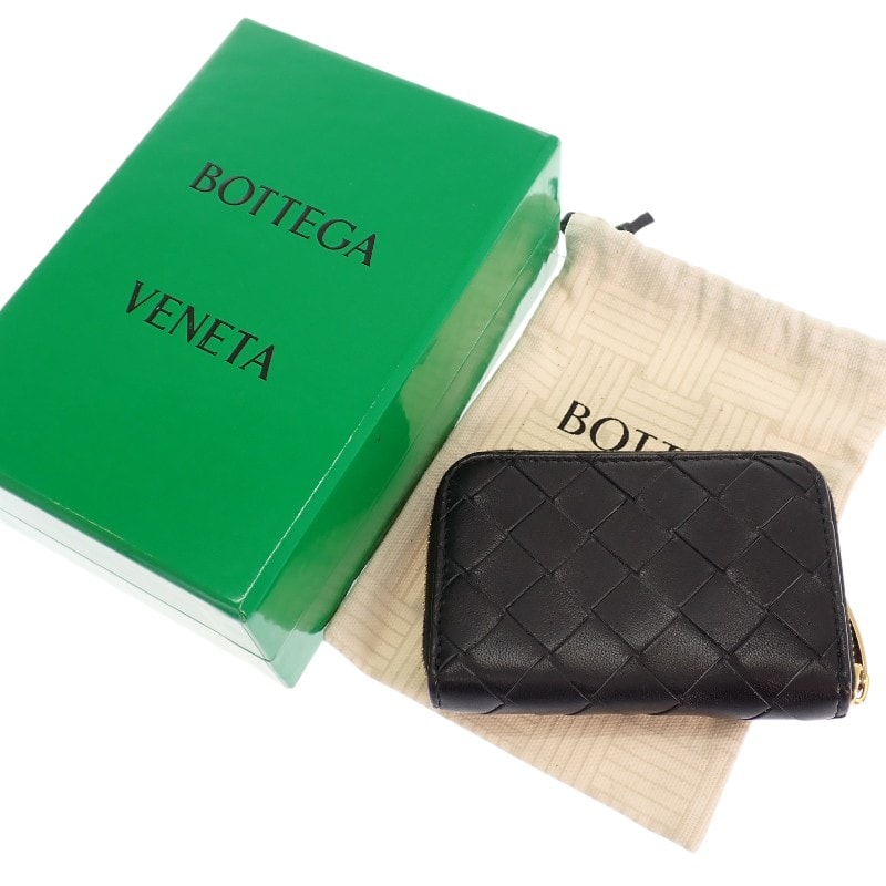 ボッテガヴェネタ BOTTEGA VENETA タイニー ジップアラウンド カードケース コインケース ラムスキン ブラック ゴールド金具 レディース メンズ【中古】【ABランク】