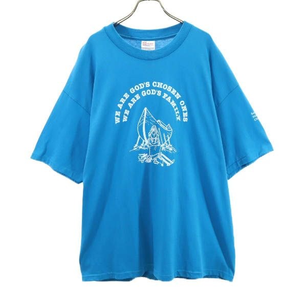 Hanes ヘインズ 90s オールド プリント 半袖 Tシャツ XL 水色