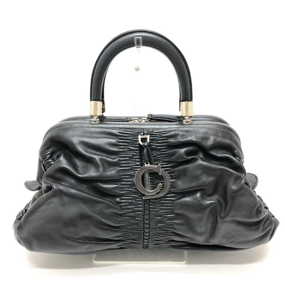 ディオール Dior カレーニナ CDロゴ カバン ロゴチャーム ギャザー ハンドバッグ レザー ブラック