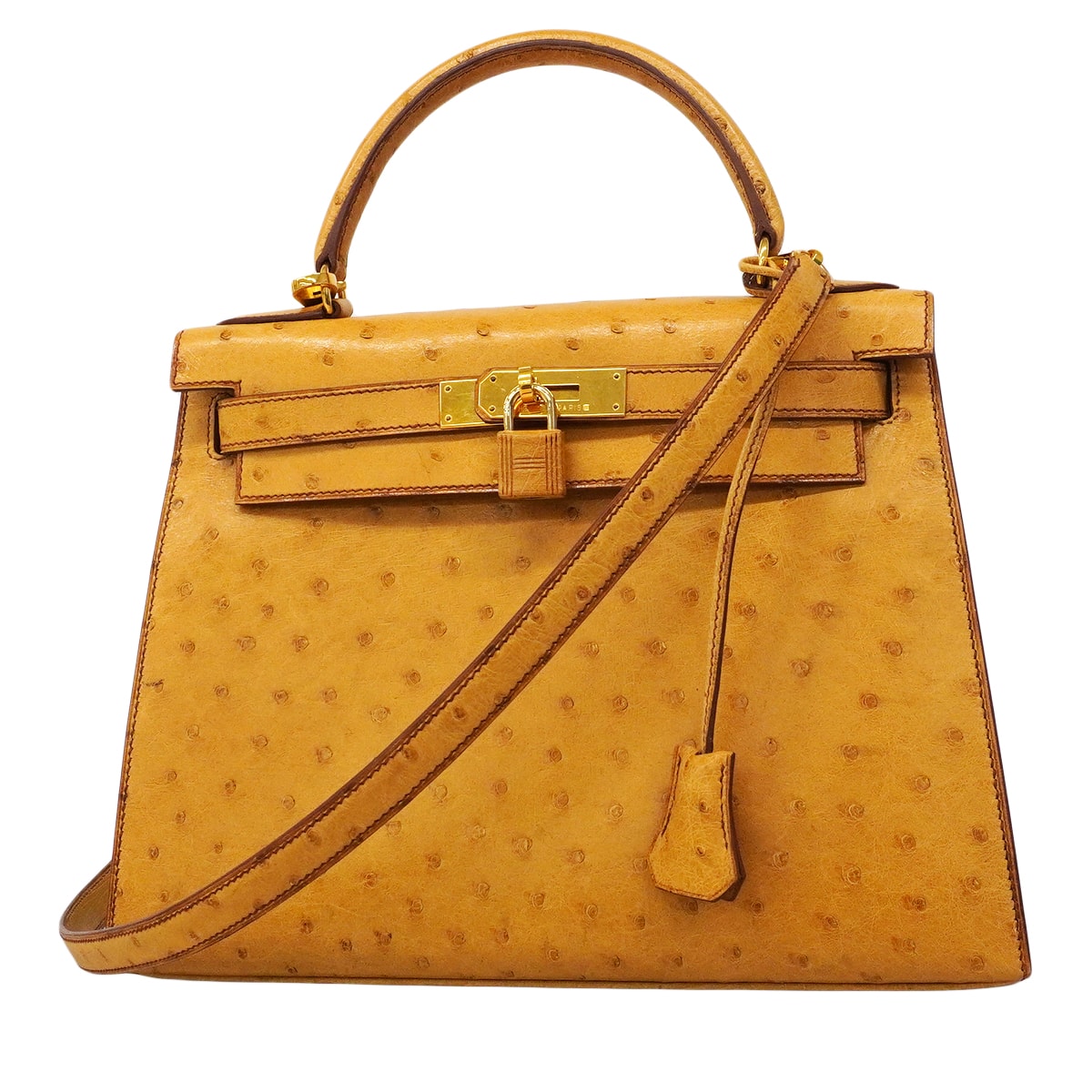 【6fa0017】エルメス ハンドバッグ ケリー28 オーストリッチ サフラン ゴールド金具 〇Y刻印 2wayバッグ【中古】レディース