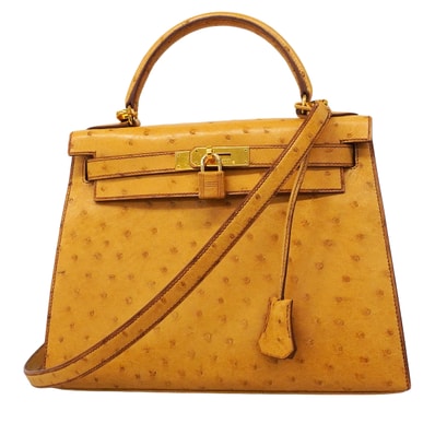 【6fa0017】エルメス ハンドバッグ ケリー28 オーストリッチ サフラン ゴールド金具 〇Y刻印 2wayバッグ【中古】レディース