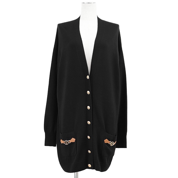 美品 ルイ・ヴィトン 2024AW RW242WD MUX FRKC28 ニット ラムレザー ビット チャーム LV ロゴ/アンカー金ボタン カシミヤブレンド カーディガン レディース ブラック S LOUIS VUITTON
