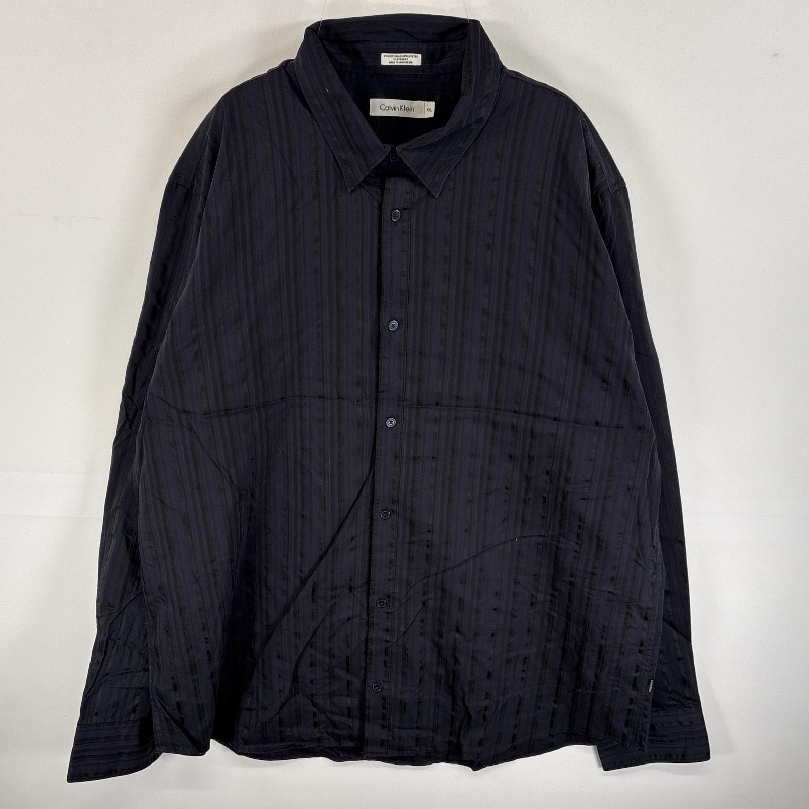 古着 カルバンクライン Calvin Klein 長袖シャツ ワンポイント ロゴ 大きいサイズ ボタンシャツ 14041  ブラック ストライプ メンズ