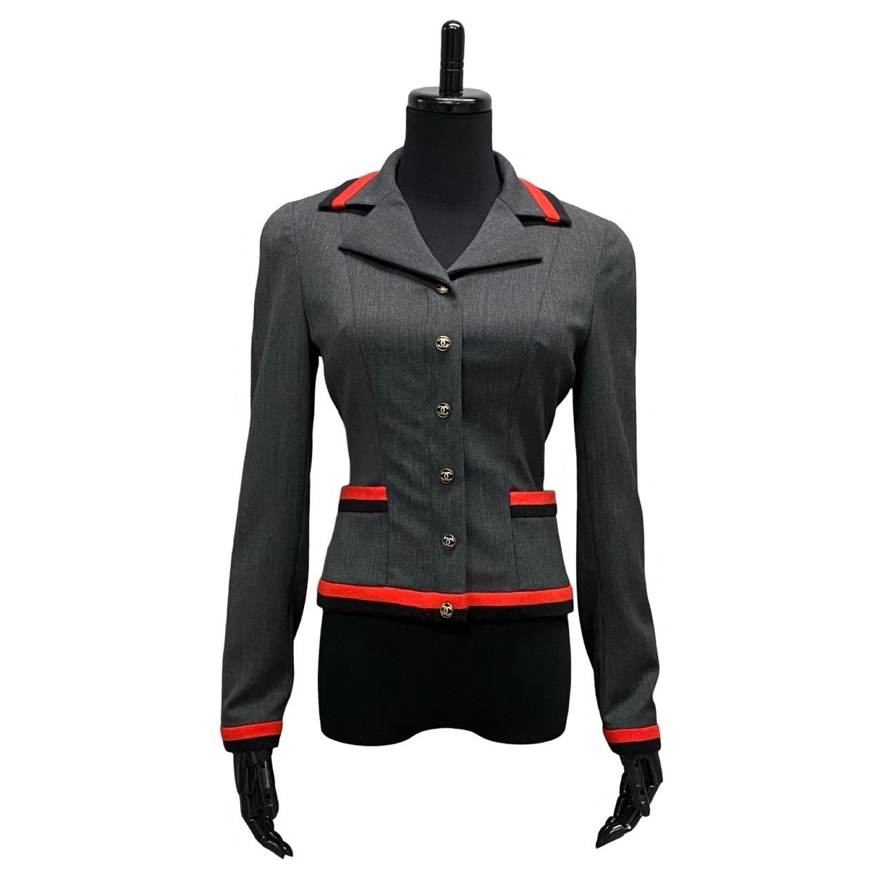 CHANEL シャネル ココマーク シルク ポリウレタン テーラードジャケット グレー
 b74-1