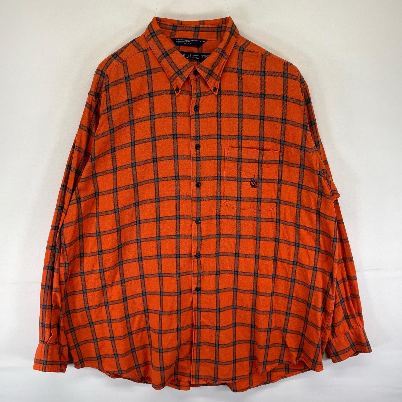 古着 90's/90年代 ノーティカ NAUTICA 長袖シャツ ボタンダウン チェック柄 ネルシャツ 小文字タグ 2XL  オレンジ系 メンズ