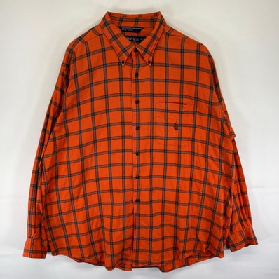 古着 90's/90年代 ノーティカ NAUTICA 長袖シャツ ボタンダウン チェック柄 ネルシャツ 小文字タグ 2XL オレンジ系 メンズ