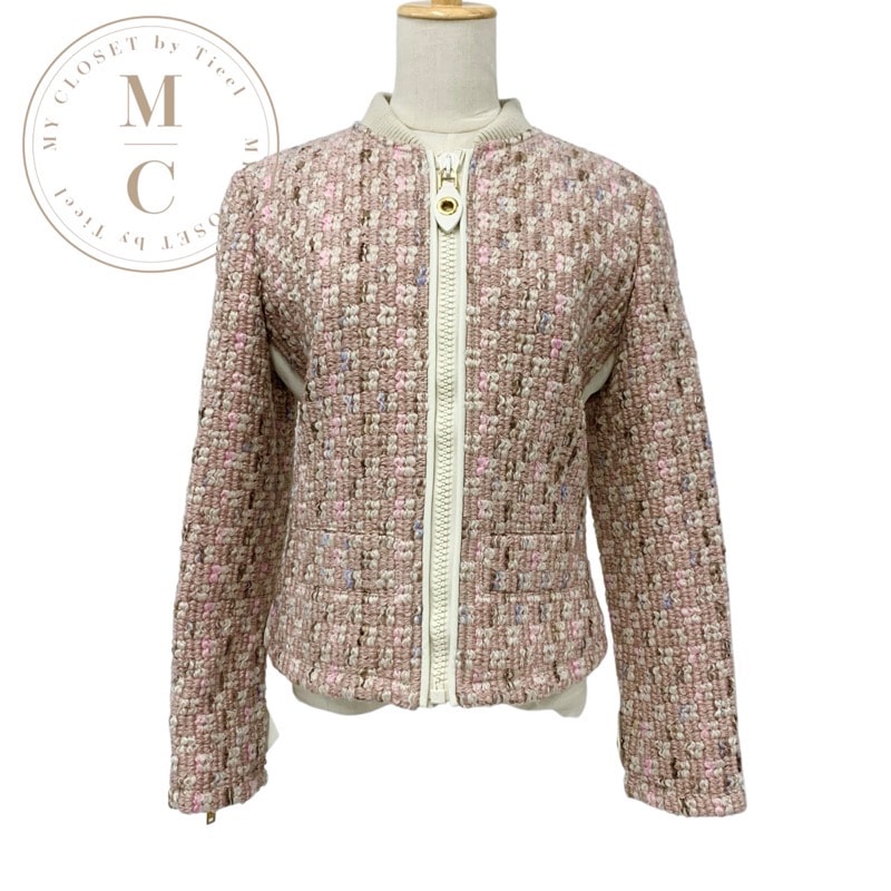 未使用 ルイヴィトン LOUIS VUITTON ツイード アウター ジャケット ジップアップ LVロゴ ウール ピンク ホワイト