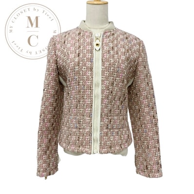 未使用 ルイヴィトン LOUIS VUITTON ツイード アウター ジャケット ジップアップ LVロゴ ウール ピンク ホワイト