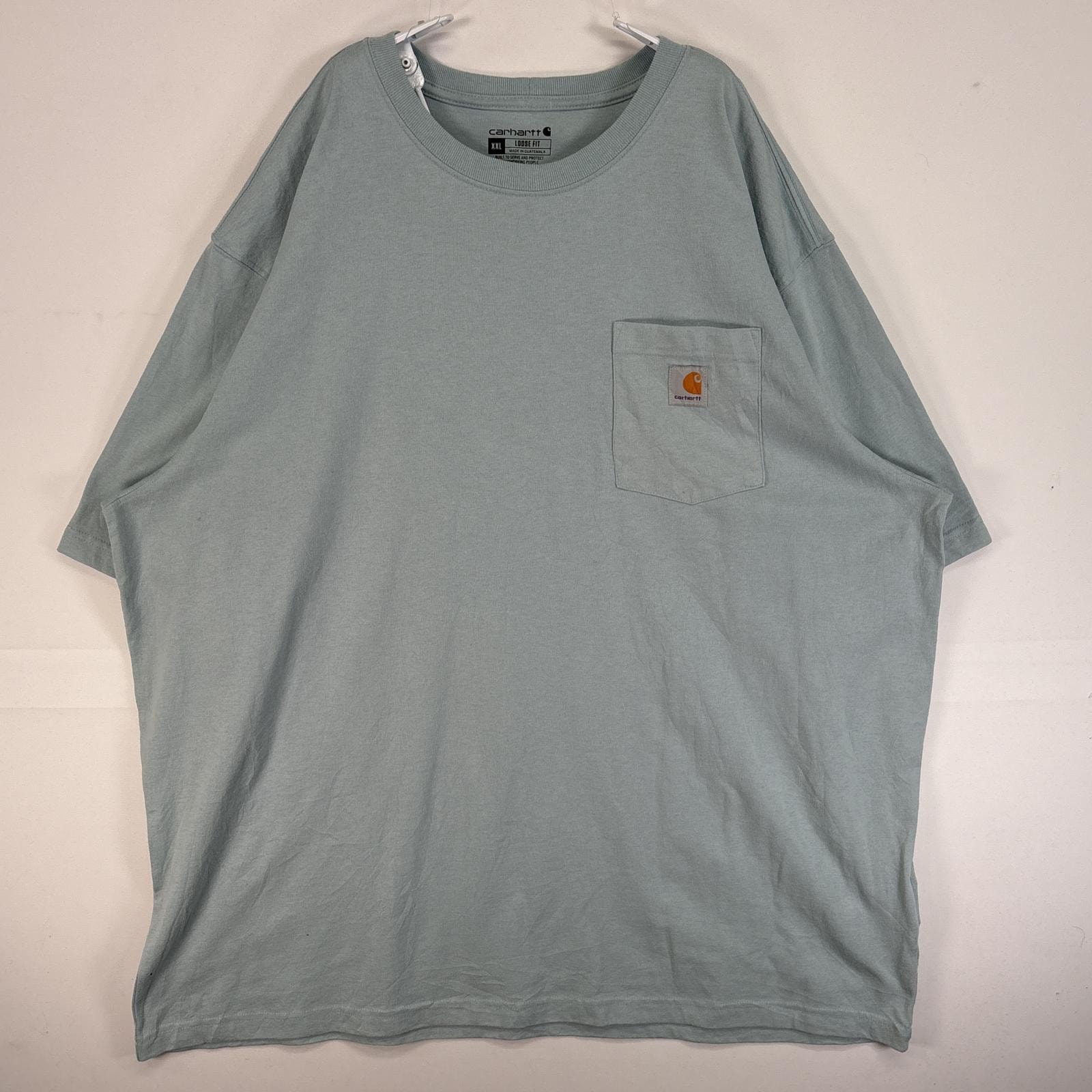 古着 カーハート Carhartt 半袖Tシャツ ワンポイント ロゴ 胸ポケ 大きいサイズ 肉厚 2XL 水色 無地 メンズ