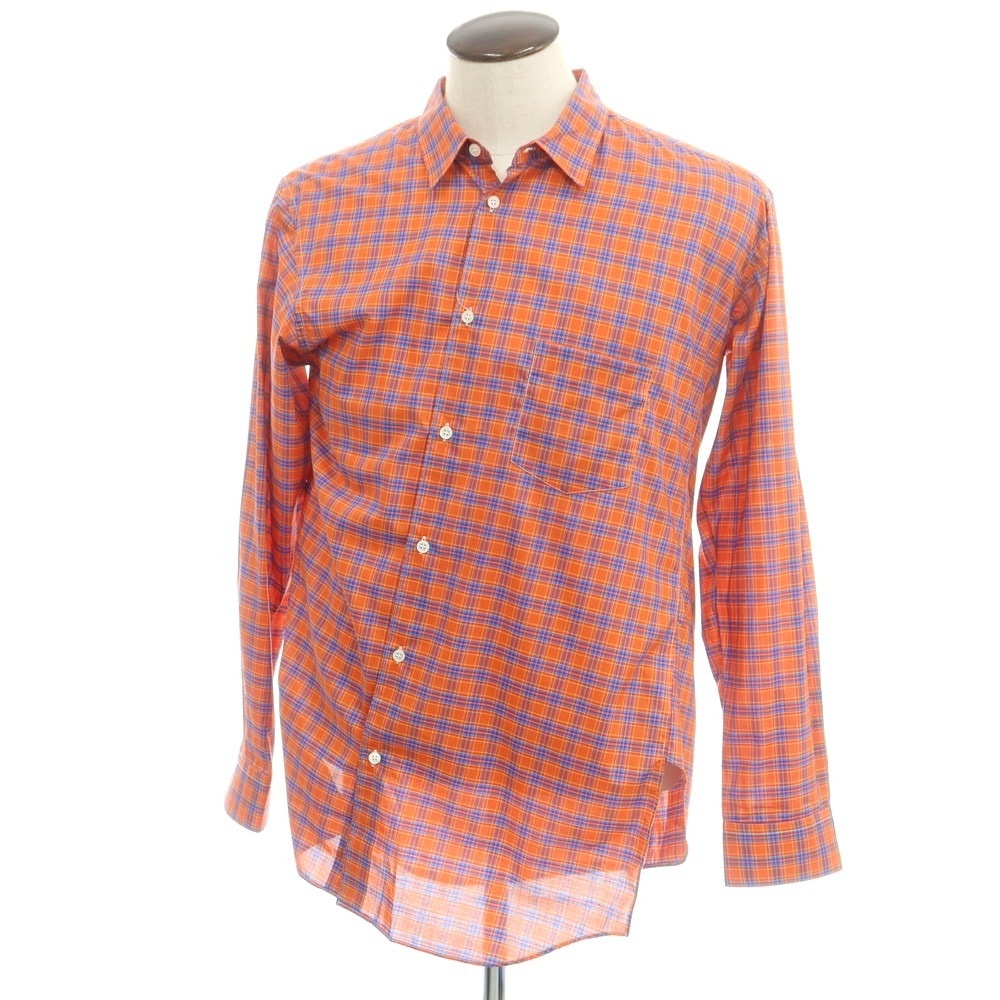 【中古】コムデギャルソンシャツ COMME des GARCONS SHIRT 2025年春夏 コットン チェック アシンメトリー レギュラーカラー カジュアルシャツ オレンジxブルー【サイズXL】【メンズ】