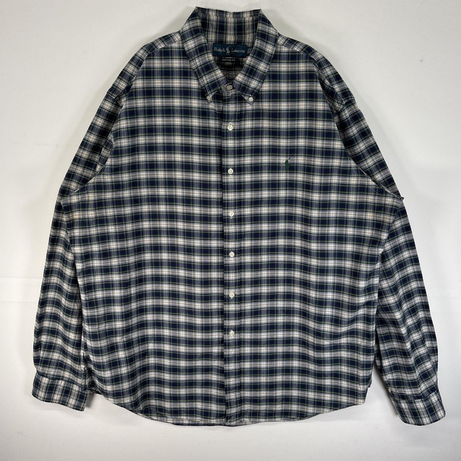 古着 ラルフローレン RALPH LAUREN 長袖シャツ ロゴ 刺繍 大きいサイズ 肉厚 チェック オックスフォード 14041  グリーン系 マルチカラー メンズ