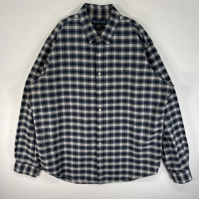 古着 ラルフローレン RALPH LAUREN 長袖シャツ ロゴ 刺繍 大きいサイズ 肉厚 チェック オックスフォード 14041 グリーン系 マルチカラー メンズ
