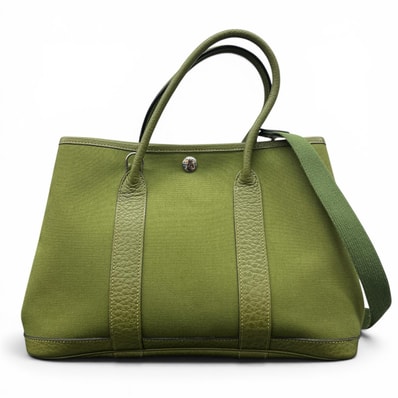 HERMES 美品 エルメス ガーデンパーティTPM 2way トートバッグ ショルダーバッグ トワルオフィシエ キャンバス レザー グリーン ハンドバッグ ABランク 中古 鑑定済 エルメスバッグ