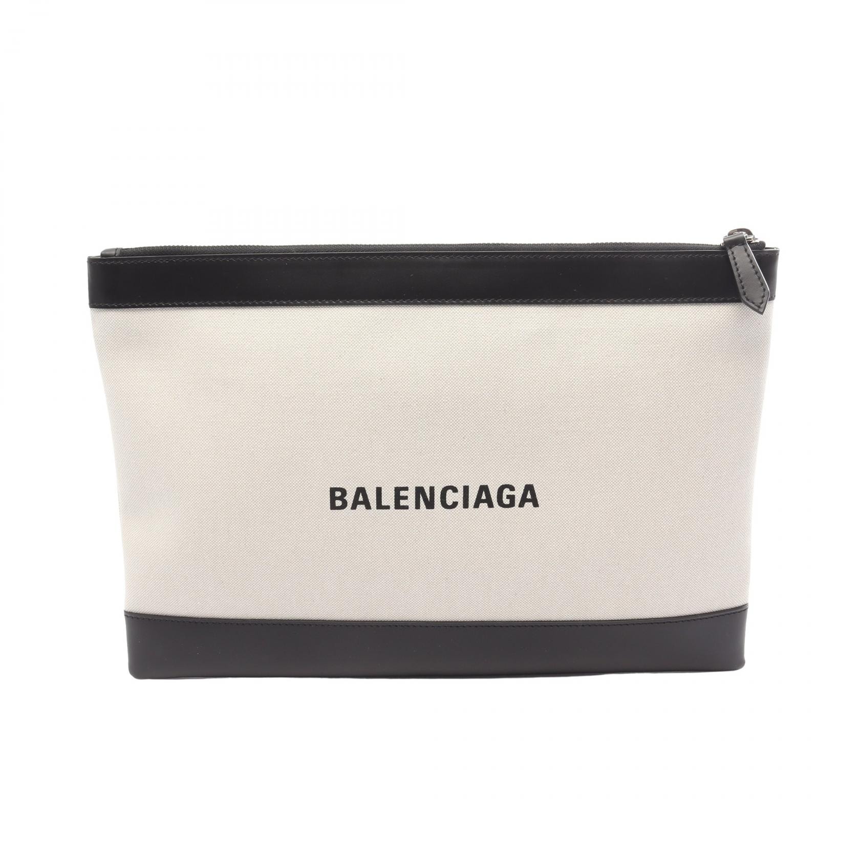 バレンシアガ BALENCIAGA ネイビークリップ M セカンドバッグ クラッチバッグ バッグ キャンバス レザー メンズ レディース ホワイト系 / ブラック系 373834 【中古】