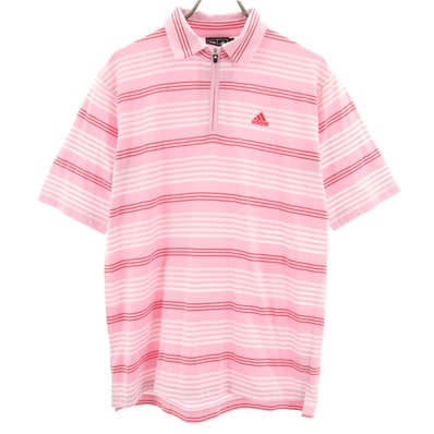 adidas アディダス ボーダー ゴルフ 半袖 ハーフジップ シャツ M ピンク系