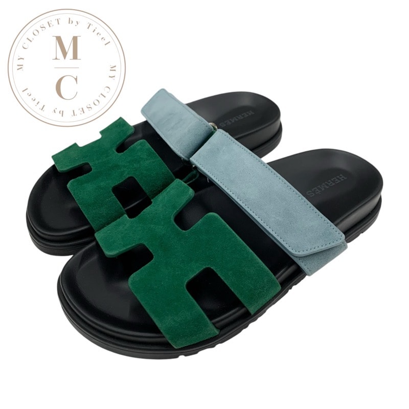 エルメス HERMES シプレ サンダル 靴 シューズ スエード グリーン ライトブルー フラットサンダル ミュール