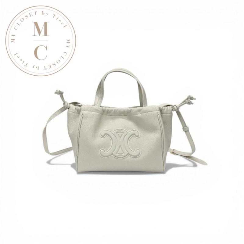 セリーヌ CELINE バッグ ショルダーバッグ ホワイト ゴールド スモール カバ ドローストリング キュイル トリオンフ レザー 2WAY