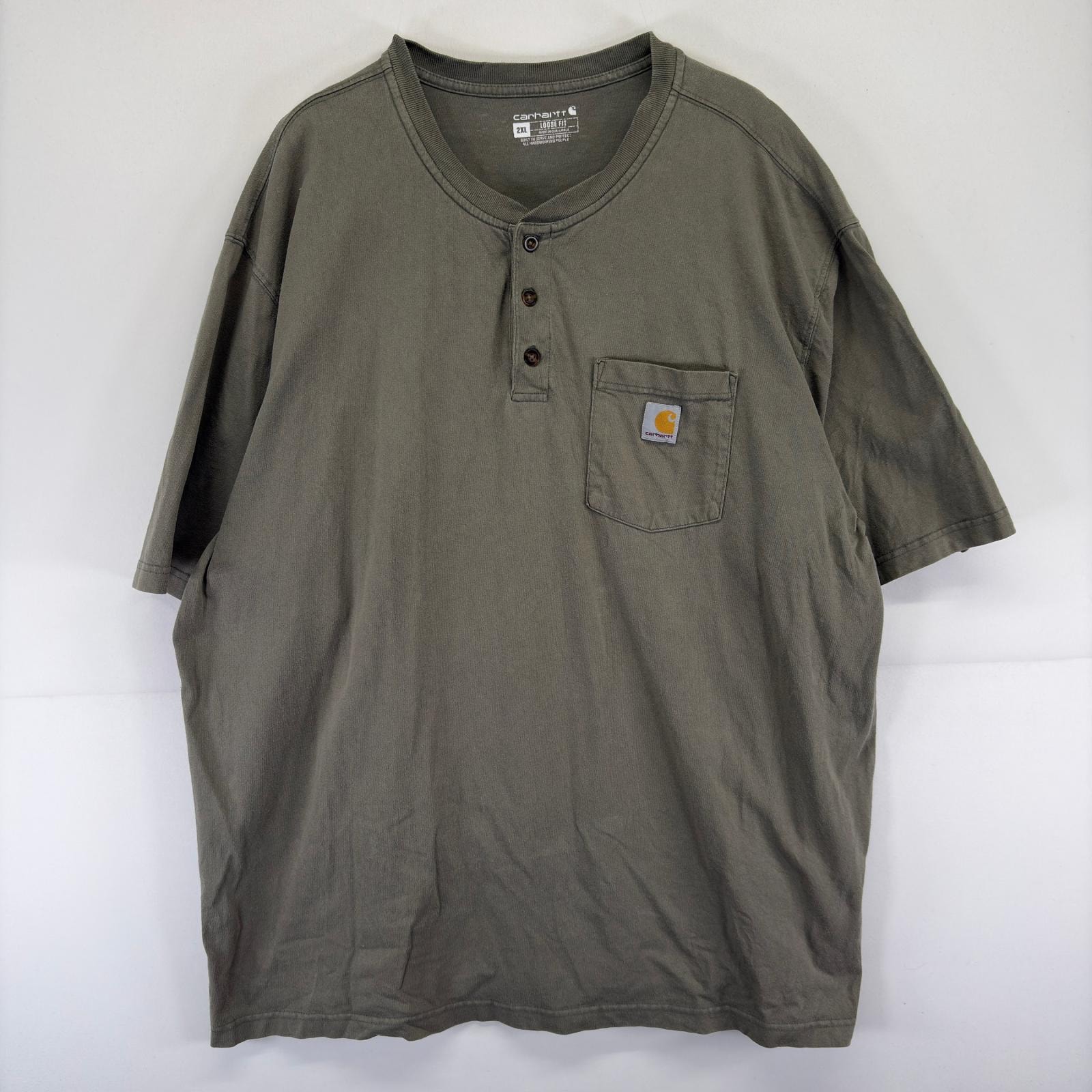 古着 カーハート Carhartt 半袖Tシャツ ワンポイント ワーク ヘンリーネック 大きいサイズ ロゴ 胸ポケット 2XL  グリーン系 メンズ