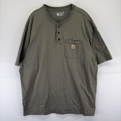 古着 カーハート Carhartt 半袖Tシャツ ワンポイント ワーク ヘンリーネック 大きいサイズ ロゴ 胸ポケット 2XL グリーン系 メンズ
