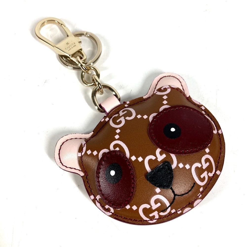 グッチ GUCCI パンダ シェイプ チャーム 821890 GGエンブレム バッグチャーム キーホルダー レザー ブラウン 未使用