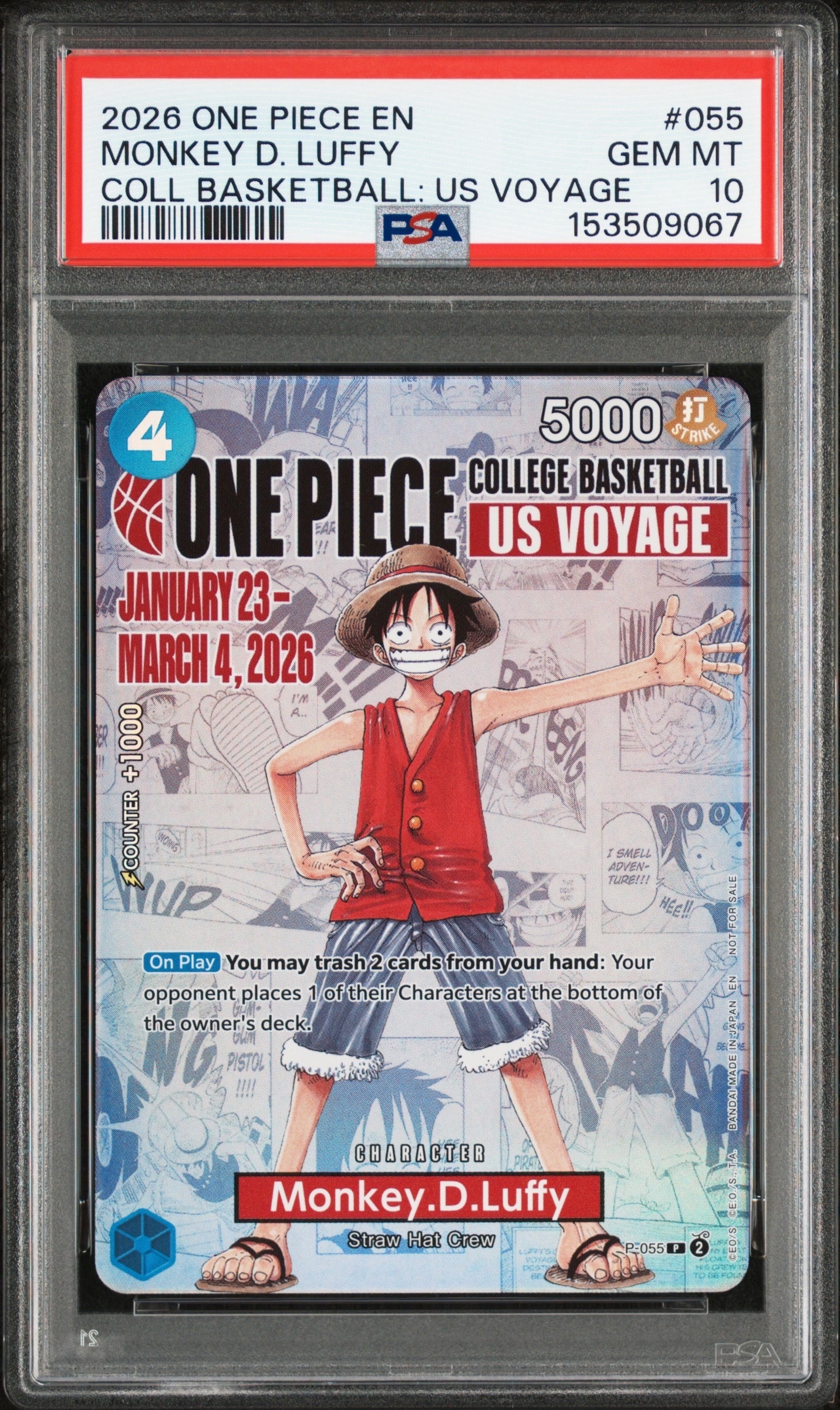 PSA10 バスケ モンキー・D・ルフィ ワンピースカード 大学 USA プロモ PSA10】モンキー・D・ルフィ：P (開封済) [P-055]【英語版