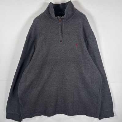 古着 ポロ・ラルフローレン POLO RALPH LAUREN コットンニット ハーフジップ ワンポイントロゴ刺繍 ビッグサイズ 14041 グレー メンズ