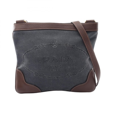 プラダ PRADA ロゴジャガード ショルダーバッグ バッグ キャンバス レザー レディース ネイビー系 / ブラウン系 【中古】
