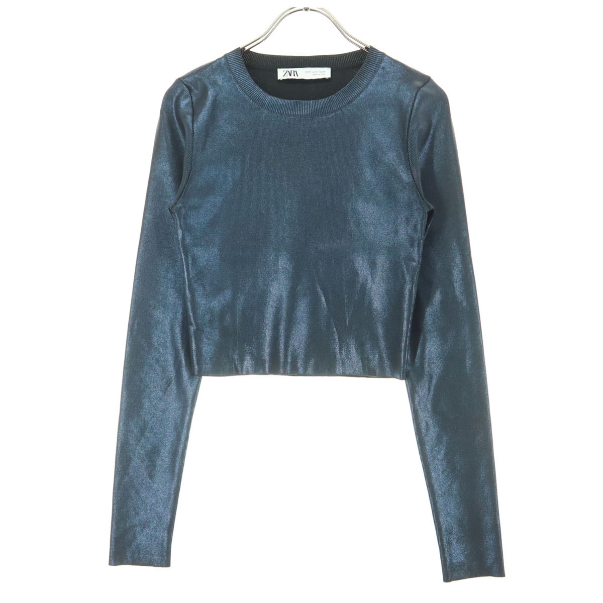 ZARA Zara 롱 슬리브 메탈릭 롱 티 스몰 블루 포일 디테일 크롭 탑