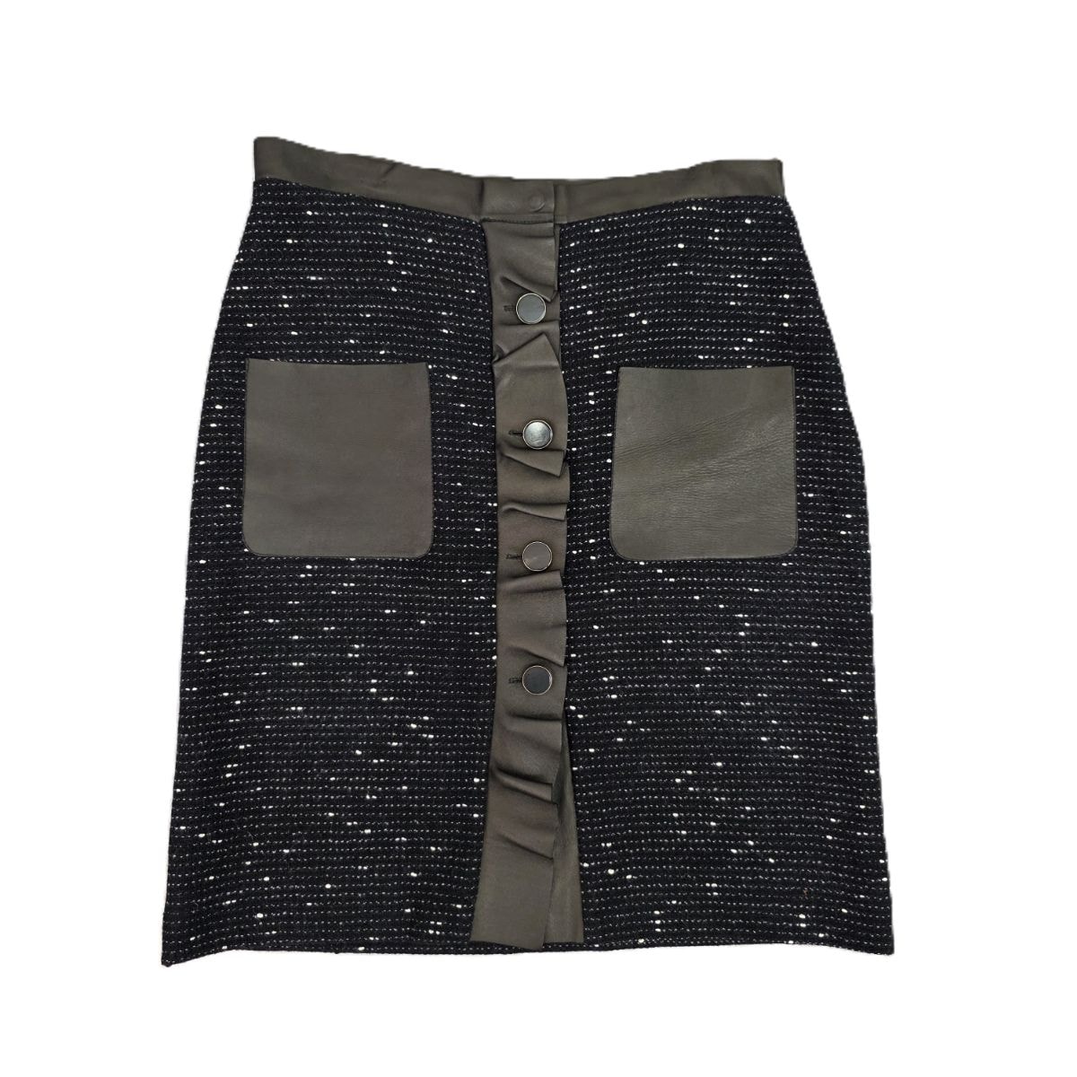 【再値下げ】VALENTINO ヴァレンティノ ツイード レザー切り替え モヘア混 フリル 膝丈 スカート スカート ウール シルク ナイロン ブラック ホワイト レディース【中古】