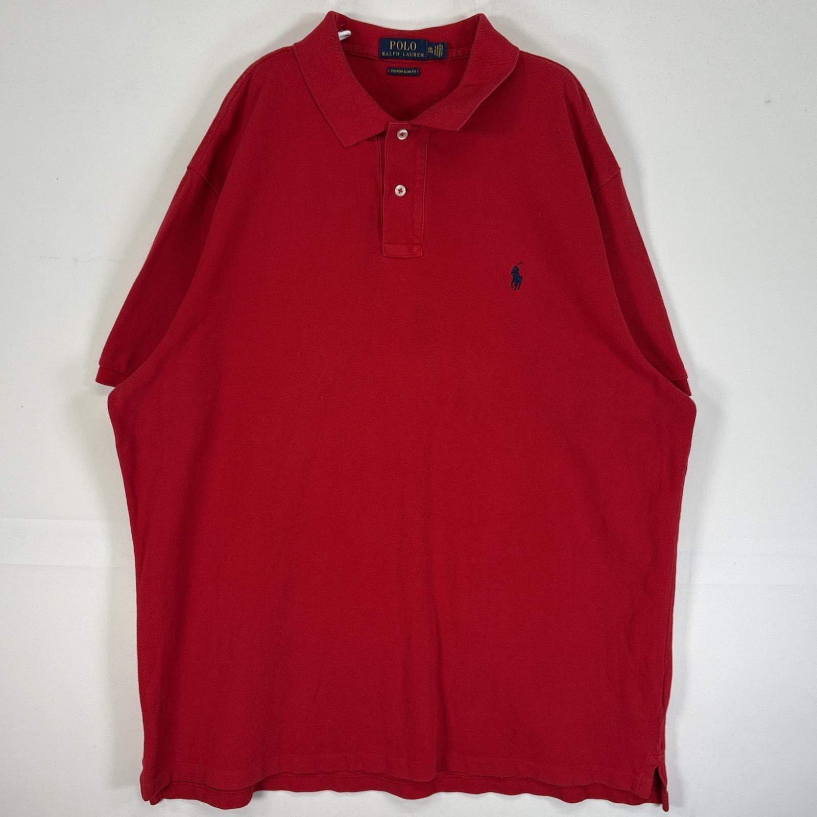 古着 ポロ・ラルフローレン POLO RALPH LAUREN 鹿の子 半袖 ポロシャツ ロゴ 刺繍 2ボタン 大きいサイズ 14041  レッド 無地 メンズ