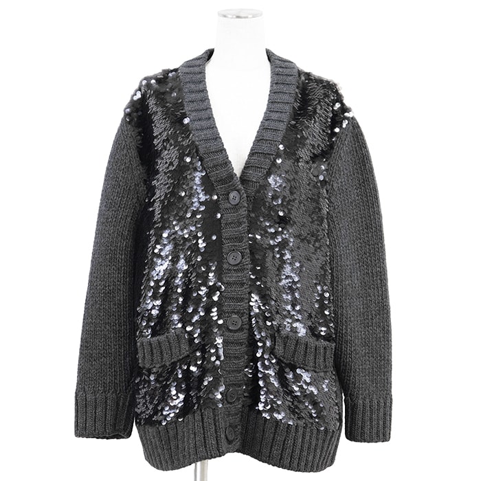 【極美品】PRADA プラダ ニット カーディガン ウール/カシミヤ サイズ 38 レディース 2021年製 ローゲージ スパンコール ロングスリーブ 長袖 トップス グレー 灰色 イタリア製