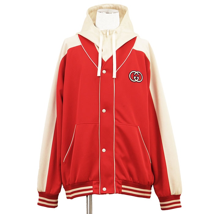 GUCCI グッチ ジャケット ジャージー サイズ XXL メンズ GG ロゴ インターロッキング パッチ フーデッド メッシュライニング ブルゾン アウター レッド 赤 イタリア製