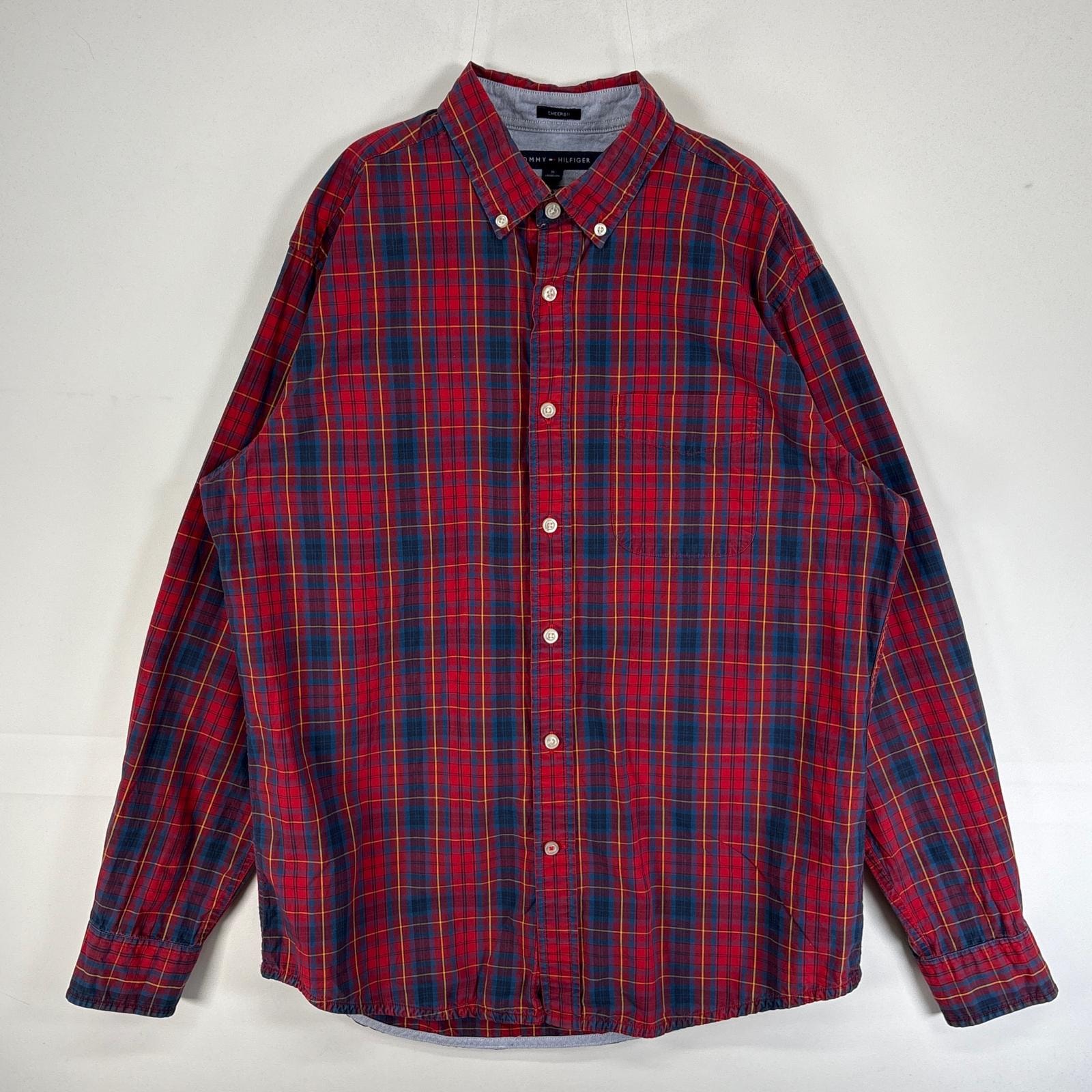 古着 トミーヒルフィガー TOMMY HILFIGER 長袖シャツ 袖口 ロゴ 刺繍 チェック 胸ポケ ボタンダウン M レッド チェック メンズ