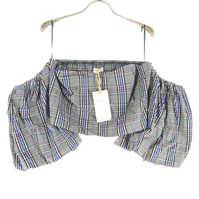 未使用 ZARA WOMAN ザラウーマン コットン チェック柄 半袖 バルーン袖 オフショルダー カットソー L グレー系