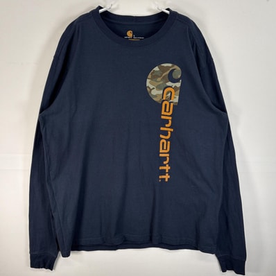 古着 カーハート Carhartt 長袖Tシャツ 迷彩ロゴ クルーネック 両面 ラバープリント L ネイビー メンズ