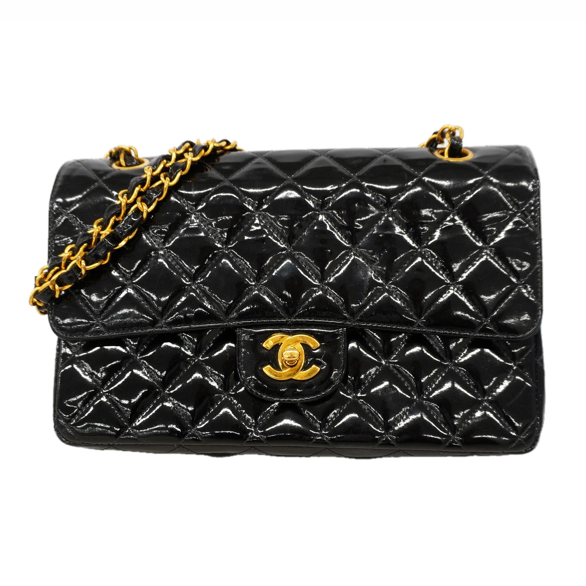 ★SALE【6ka0331】シャネル ショルダーバッグ マトラッセ Wフラップ Wチェーン パテントレザー ブラック ゴールド金具【中古】レディース