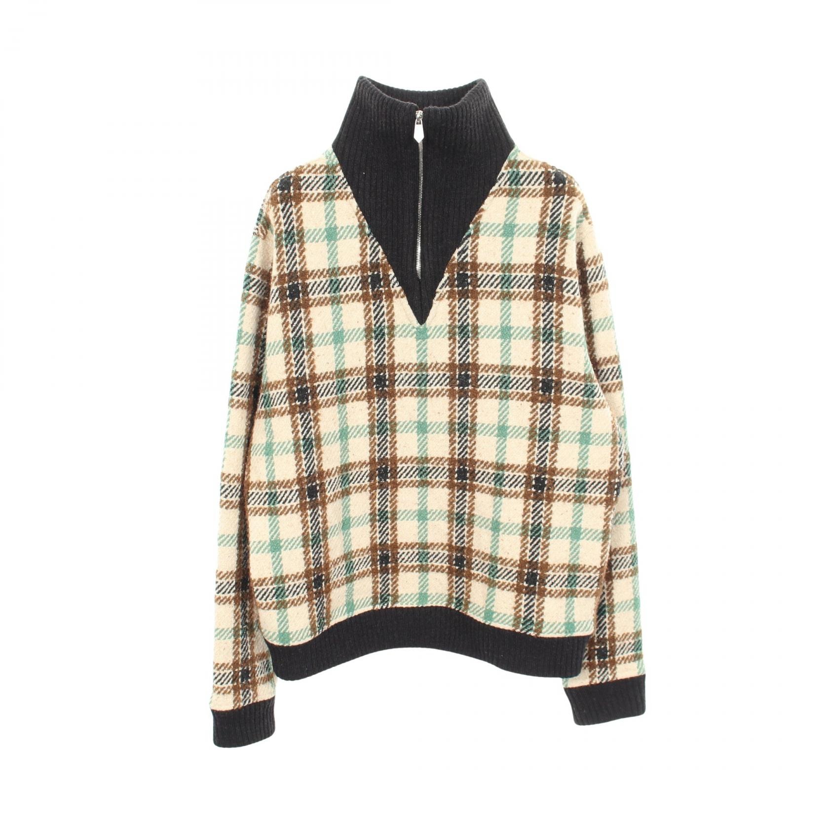 エルメス HERMES チェック ハーフジップ ニット 衣料品 トップス ウール メンズ アイボリー系 / ブラック系 / マルチカラー 【中古】