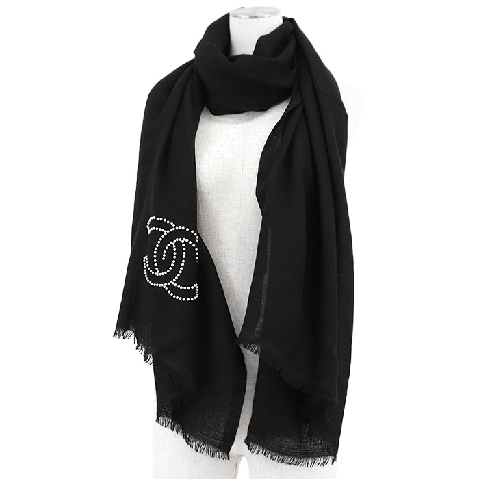 CHANEL シャネル ストール カシミヤ100% シグネチャー ロゴ COCOマーク フェイクパール フリンジ 大判 ショール 小物 パール付属 メンズ レディース ユニセックス ブラック 黒 イタリア製